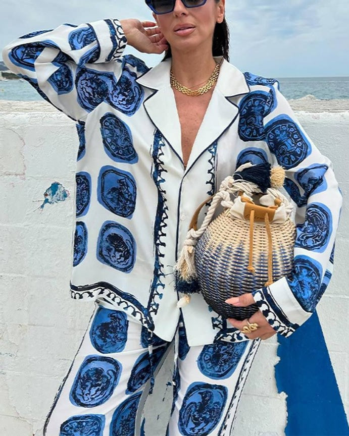 Tile Print Shirt And Wide Leg Pant Set - Blue