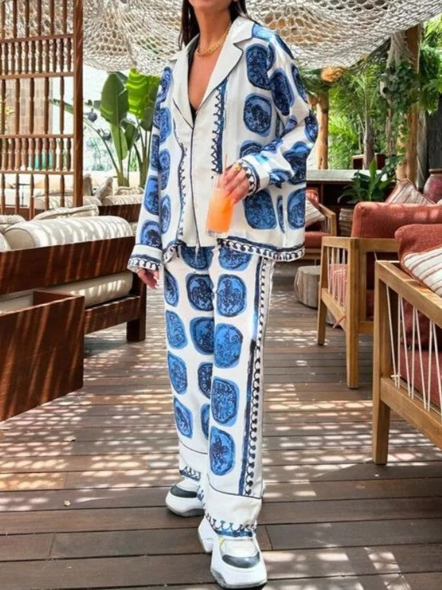Tile Print Shirt And Wide Leg Pant Set - Blue - 1