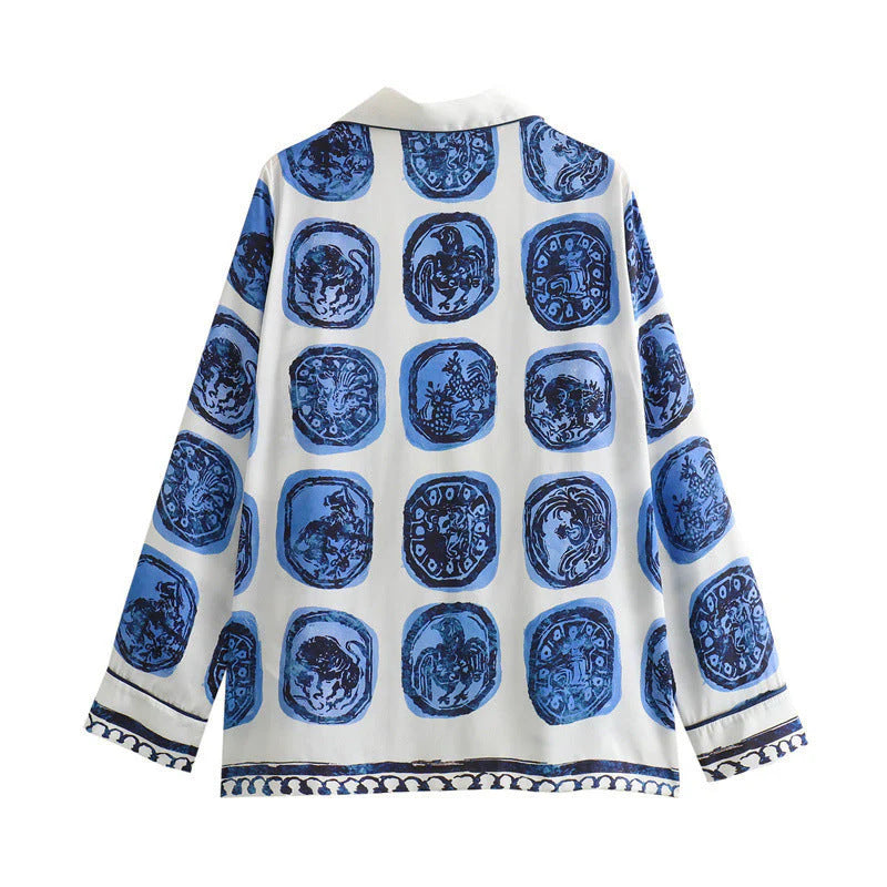 Tile Print Shirt And Wide Leg Pant Set - Blue - 2