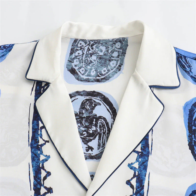 Tile Print Shirt And Wide Leg Pant Set - Blue - 3