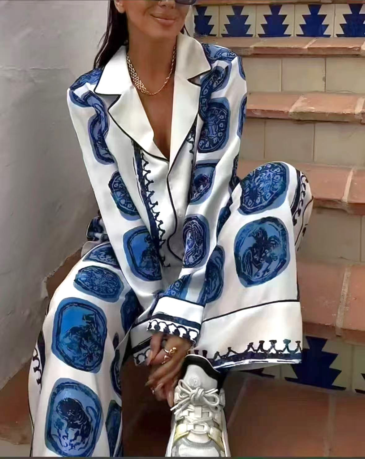 Tile Print Shirt And Wide Leg Pant Set - Blue - 4