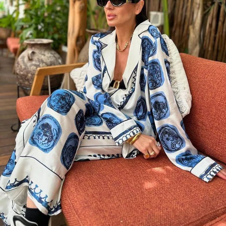 Tile Print Shirt And Wide Leg Pant Set - Blue - 5