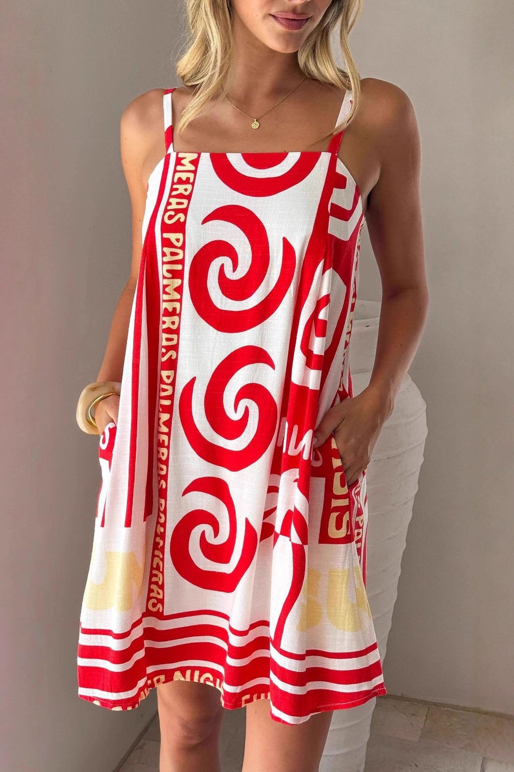 Scroll Print Strappy Mini Sundress - Red