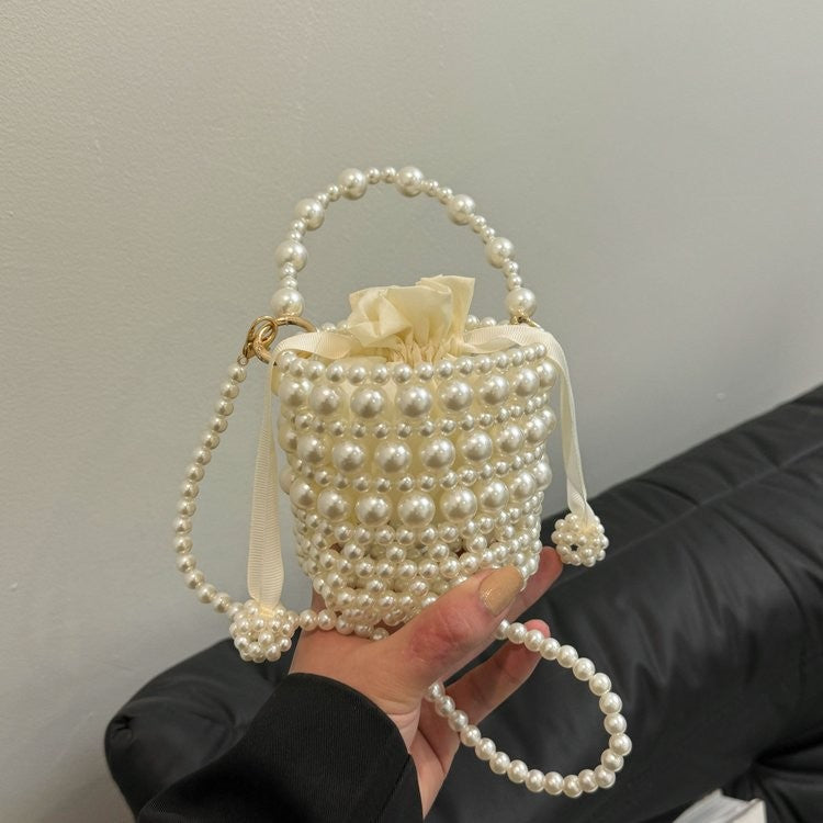 Faux Pearl Beaded Mini Bucket Bag - Pearl White