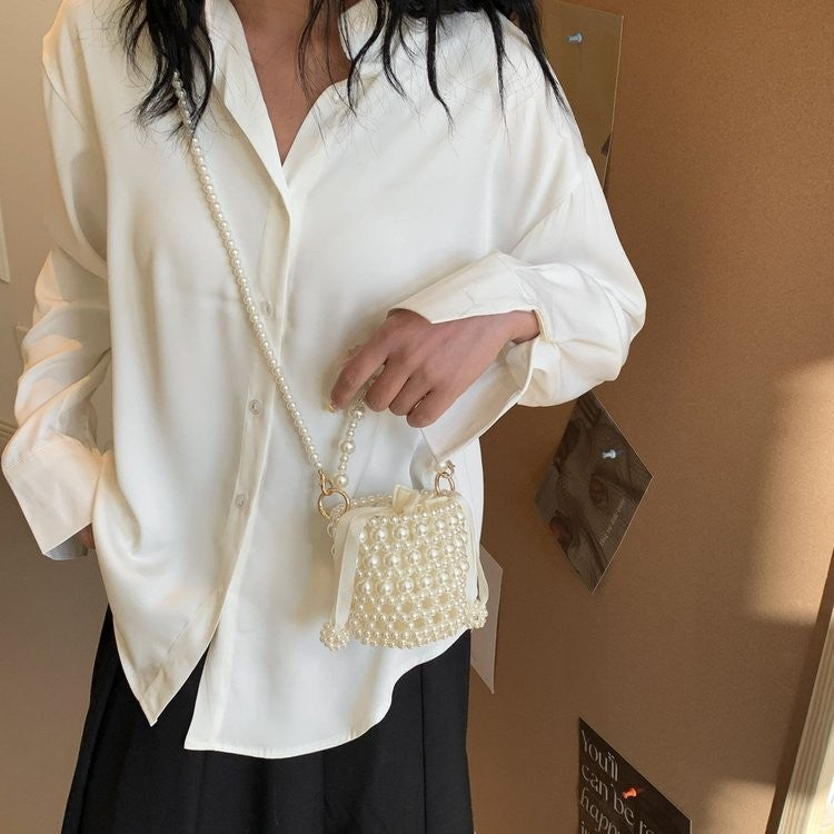 Faux Pearl Beaded Mini Bucket Bag