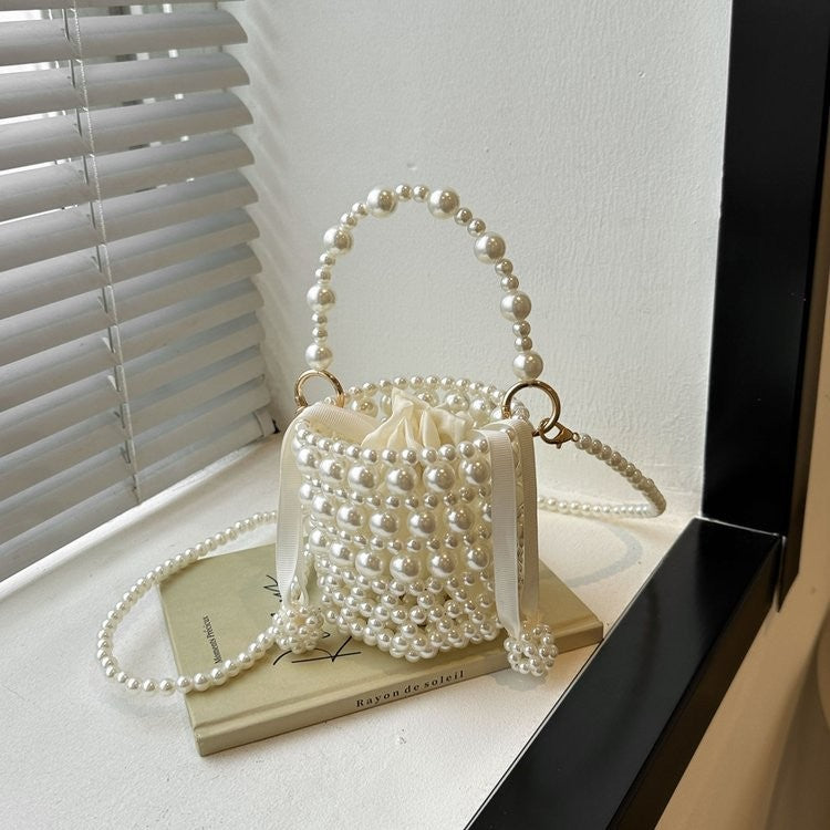 Faux Pearl Beaded Mini Bucket Bag