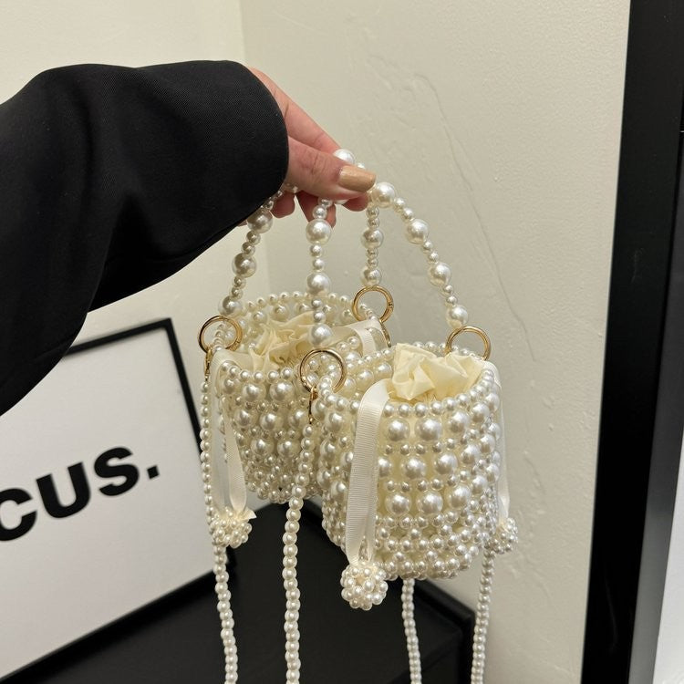 Faux Pearl Beaded Mini Bucket Bag