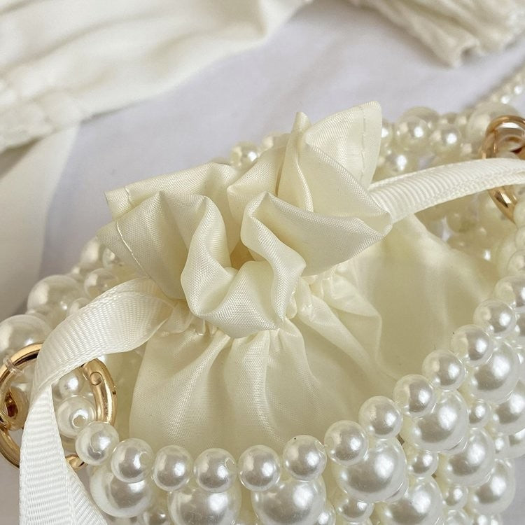 Faux Pearl Beaded Mini Bucket Bag