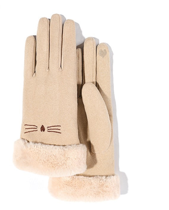 Cat Whisker Embroidered Fleece Winter Gloves - Beige