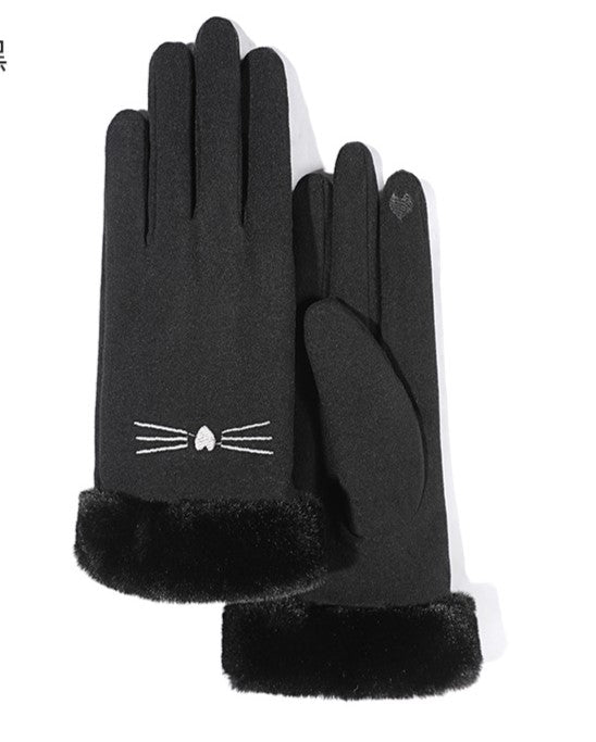Cat Whisker Embroidered Fleece Winter Gloves - Black