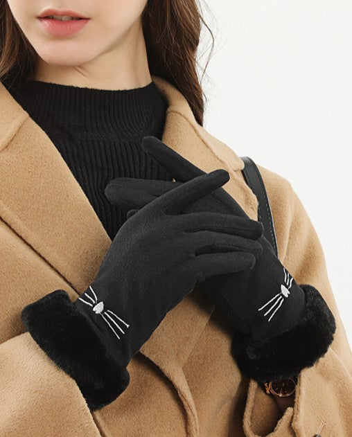 Cat Whisker Embroidered Fleece Winter Gloves - Black - 1
