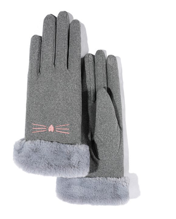 Cat Whisker Embroidered Fleece Winter Gloves - Grey
