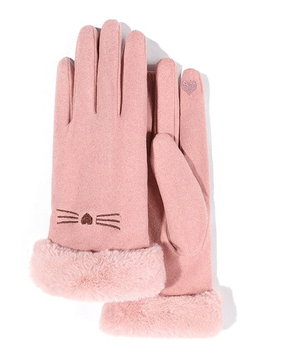 Cat Whisker Embroidered Fleece Winter Gloves - Pink