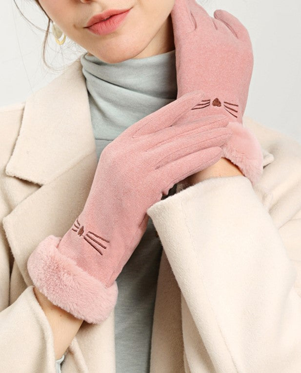 Cat Whisker Embroidered Fleece Winter Gloves - Pink - 1
