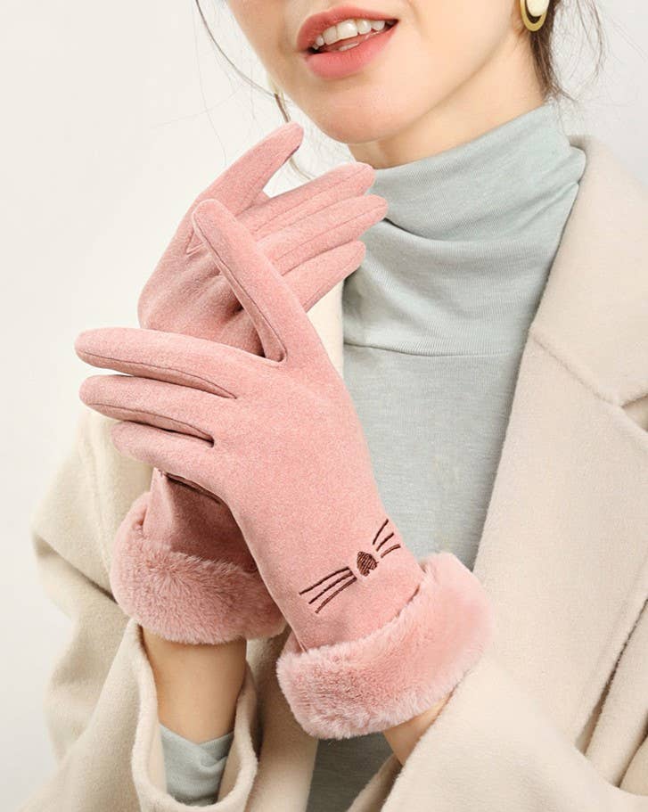 Cat Whisker Embroidered Fleece Winter Gloves