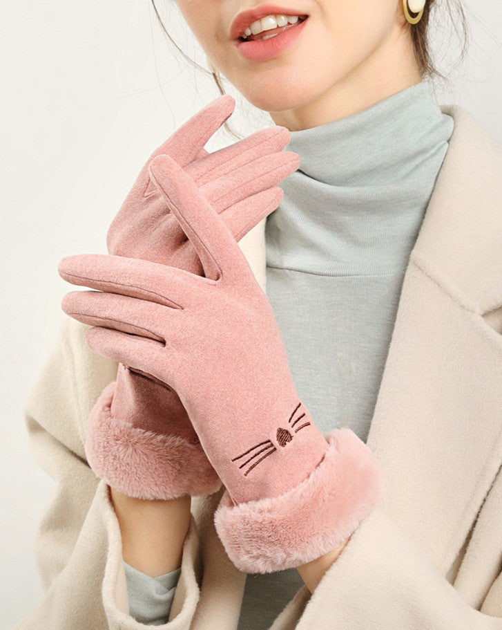 Cat Whisker Embroidered Fleece Winter Gloves - view 1