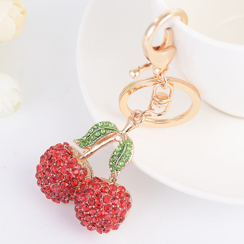 Rhinestone Cherry Pair Bag Charm Keychain - Red