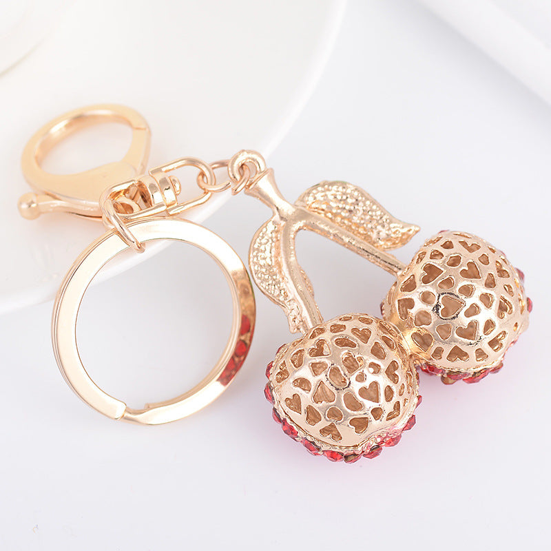 Rhinestone Cherry Pair Bag Charm Keychain - Red - 1