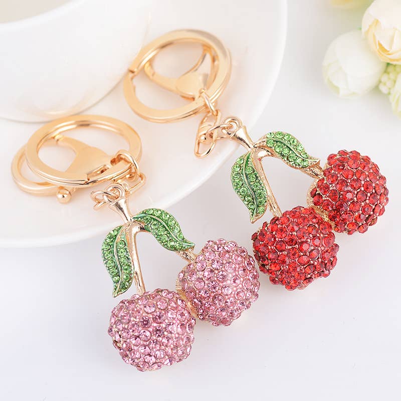 Rhinestone Cherry Pair Bag Charm Keychain