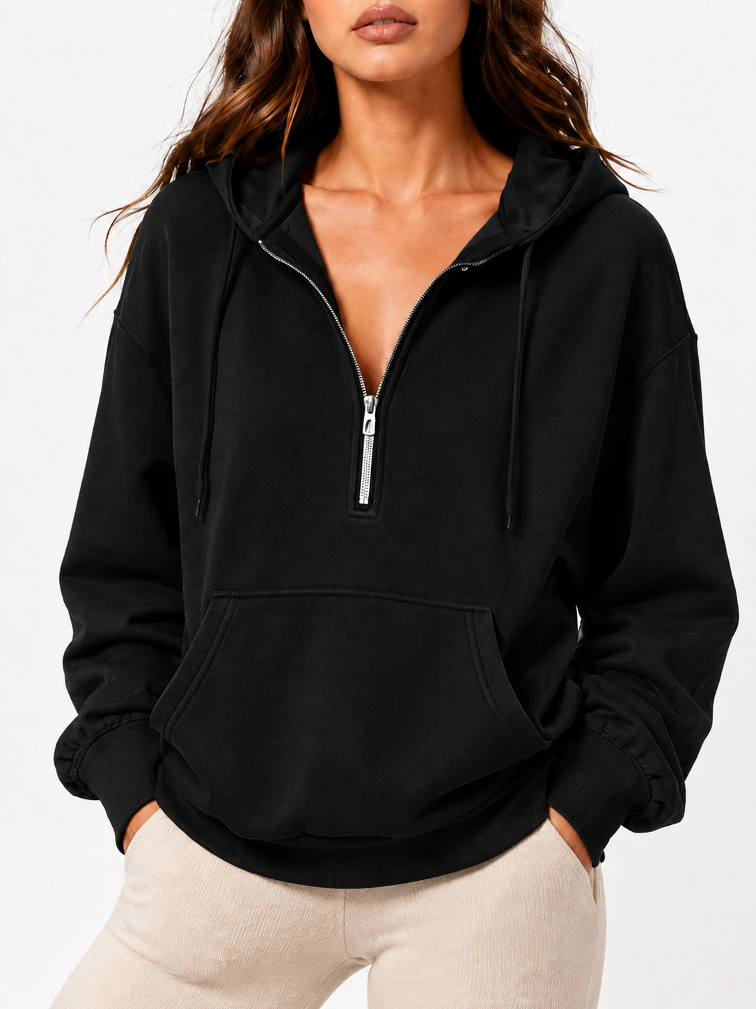 Cozy Zip Neck Sweatshirt With Kangaroo Pocket - Black