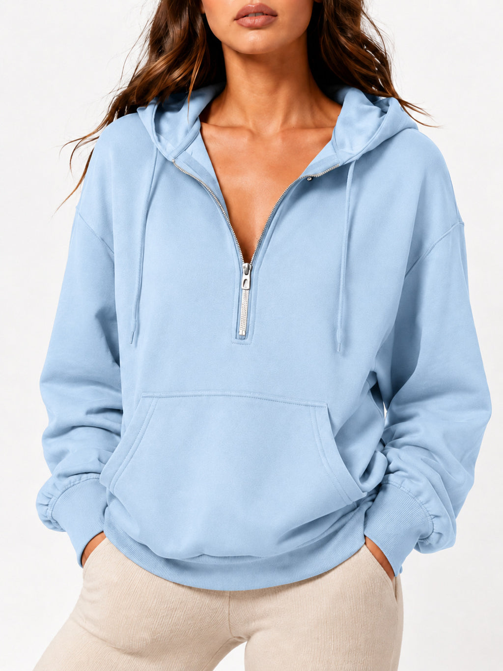 Cozy Zip Neck Sweatshirt With Kangaroo Pocket - Blue