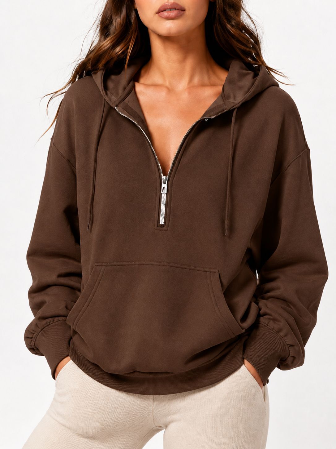 Cozy Zip Neck Sweatshirt With Kangaroo Pocket - Brown