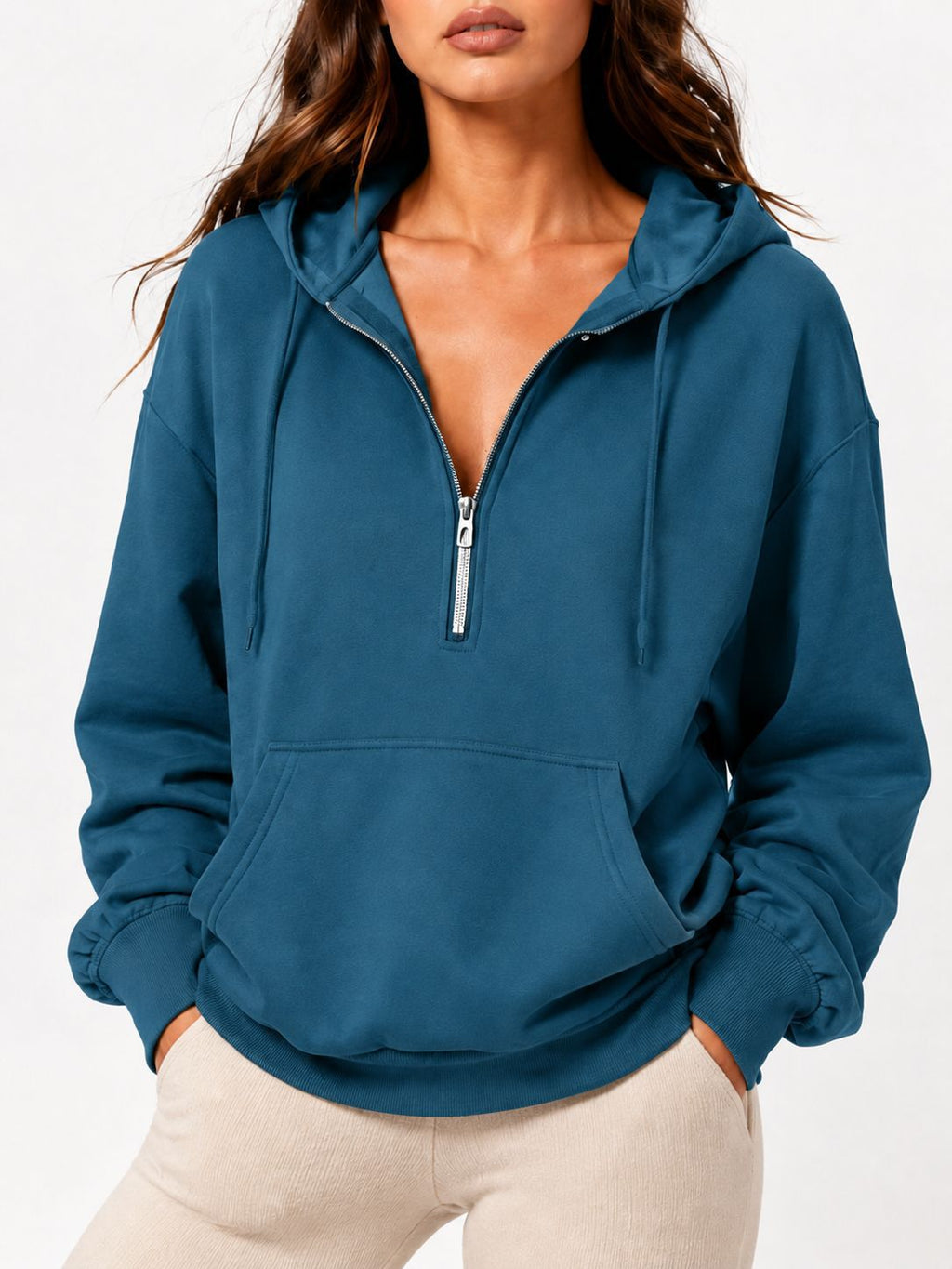 Cozy Zip Neck Sweatshirt With Kangaroo Pocket - Darkblue