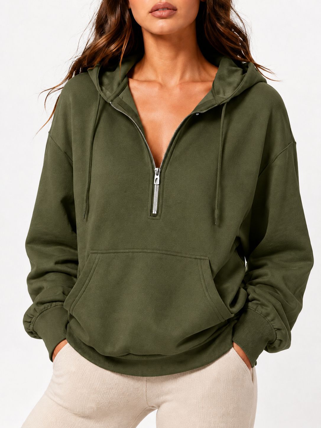 Cozy Zip Neck Sweatshirt With Kangaroo Pocket - Green