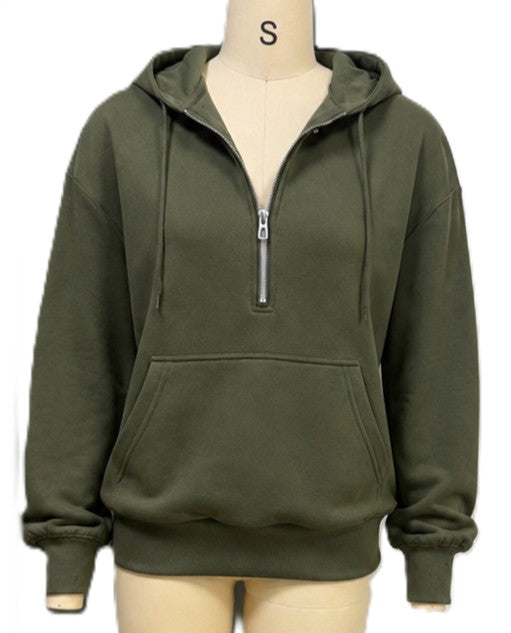 Cozy Zip Neck Sweatshirt With Kangaroo Pocket - Green - 1