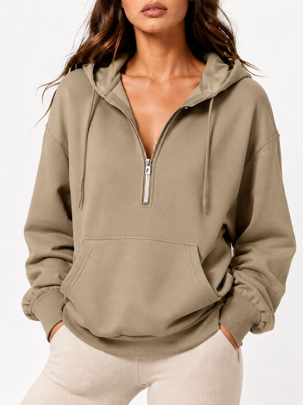 Cozy Zip Neck Sweatshirt With Kangaroo Pocket - Khaki