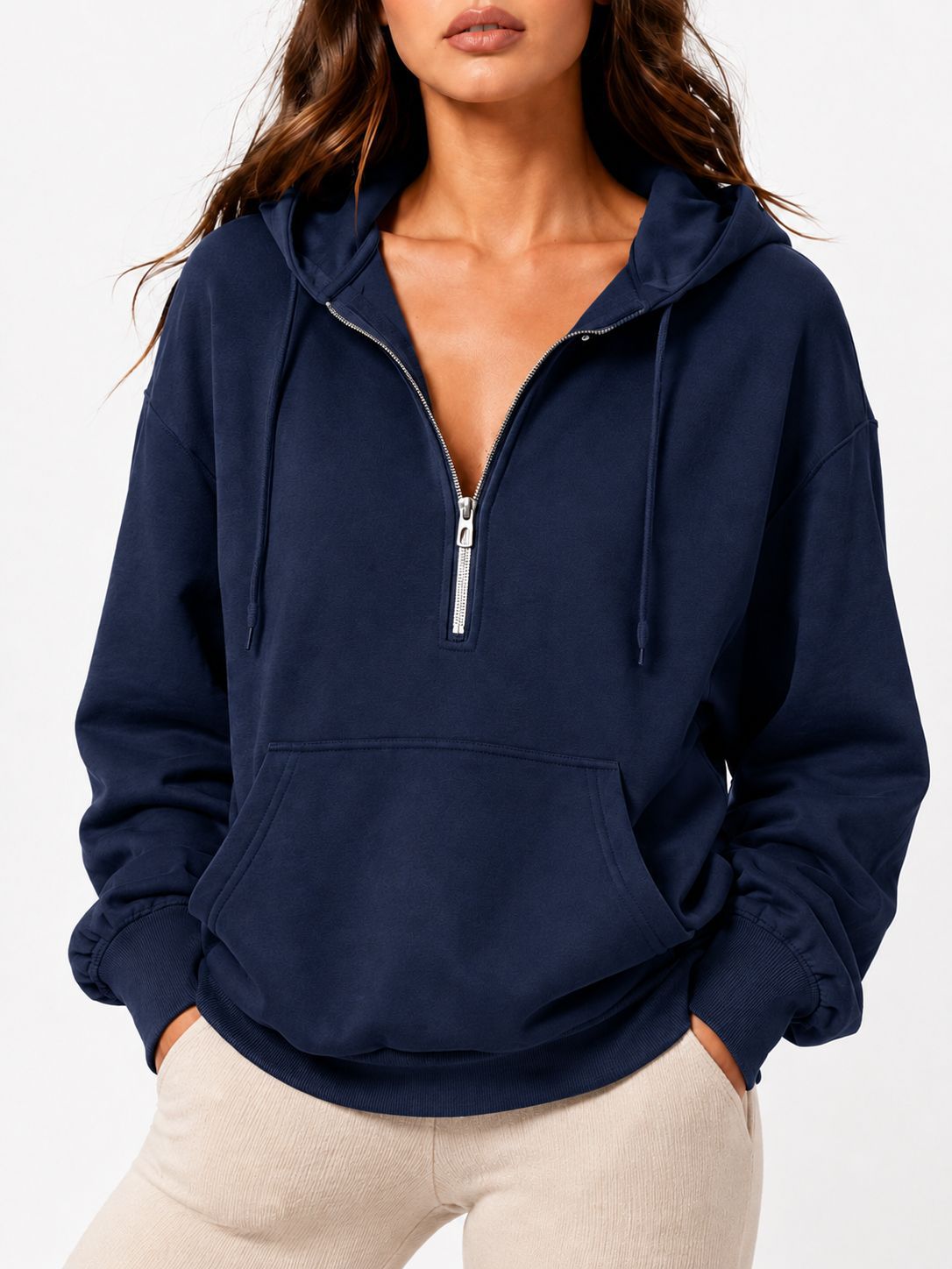 Cozy Zip Neck Sweatshirt With Kangaroo Pocket - Navyblue