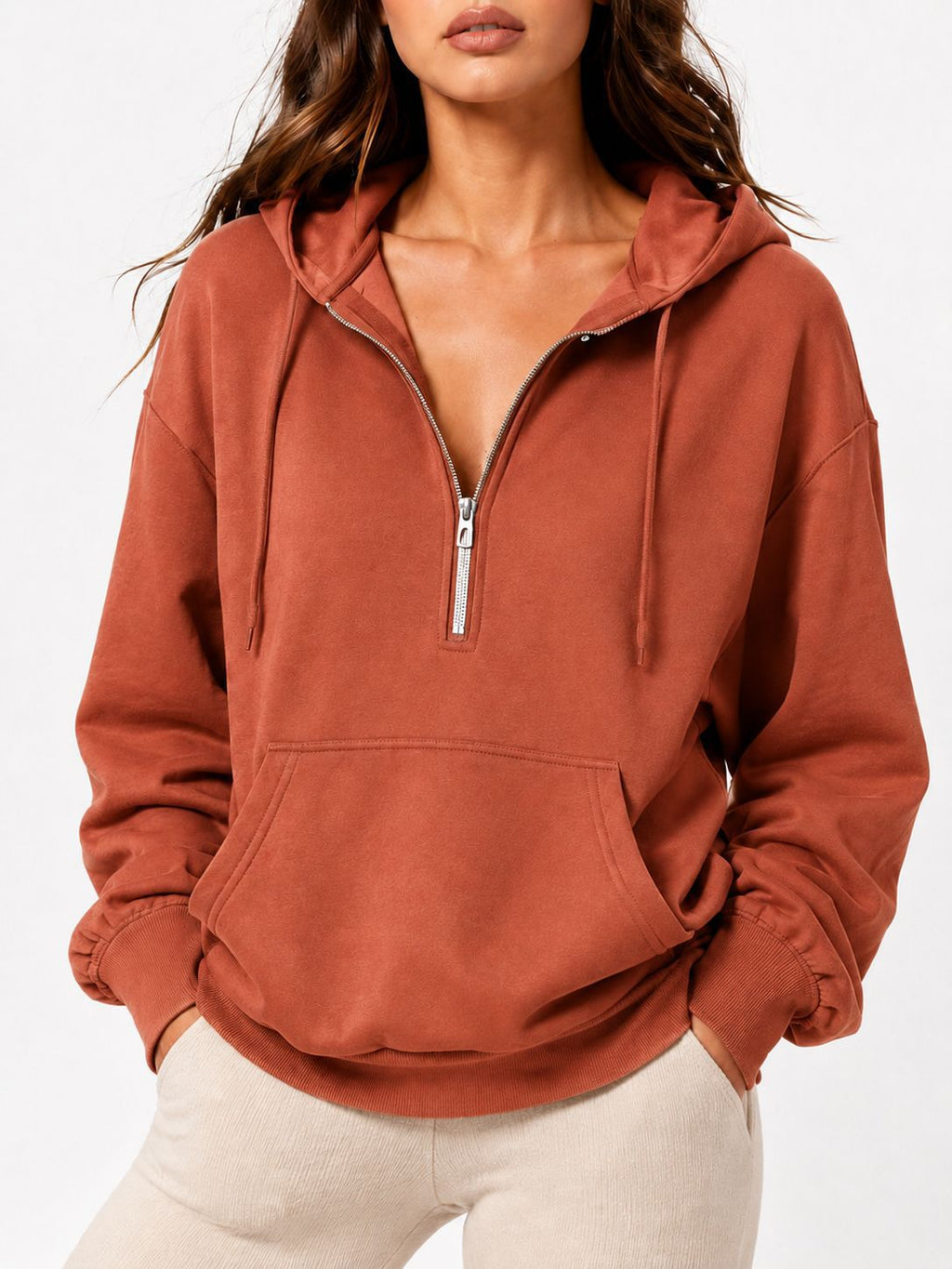 Cozy Zip Neck Sweatshirt With Kangaroo Pocket - Orange
