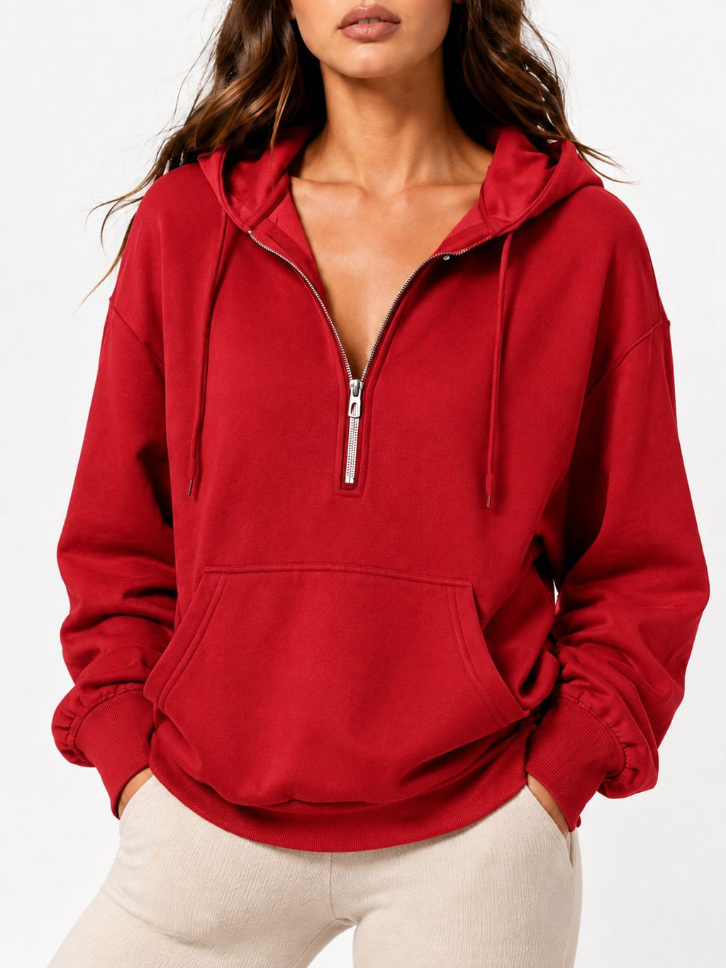 Cozy Zip Neck Sweatshirt With Kangaroo Pocket - Red