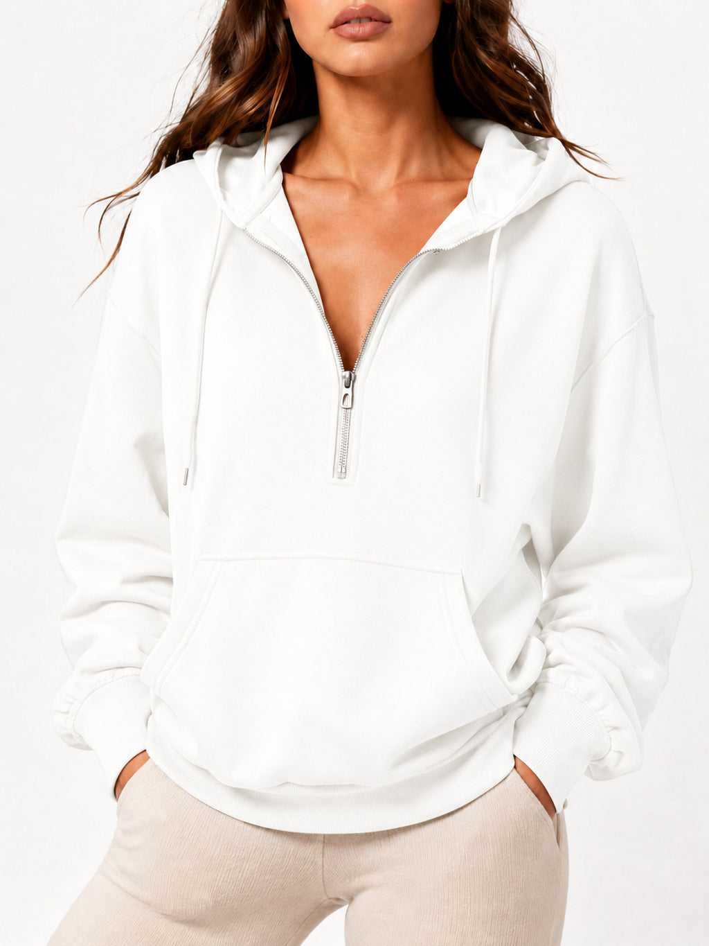 Cozy Zip Neck Sweatshirt With Kangaroo Pocket - White