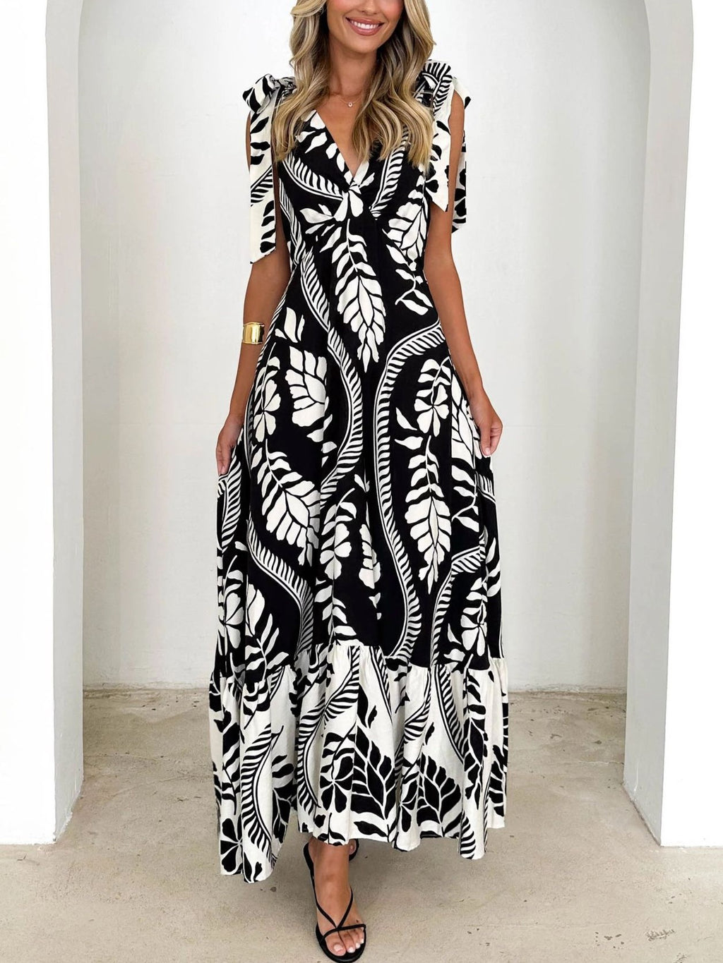 Shoulder Tie Tiered Maxi Sundress - Leaf