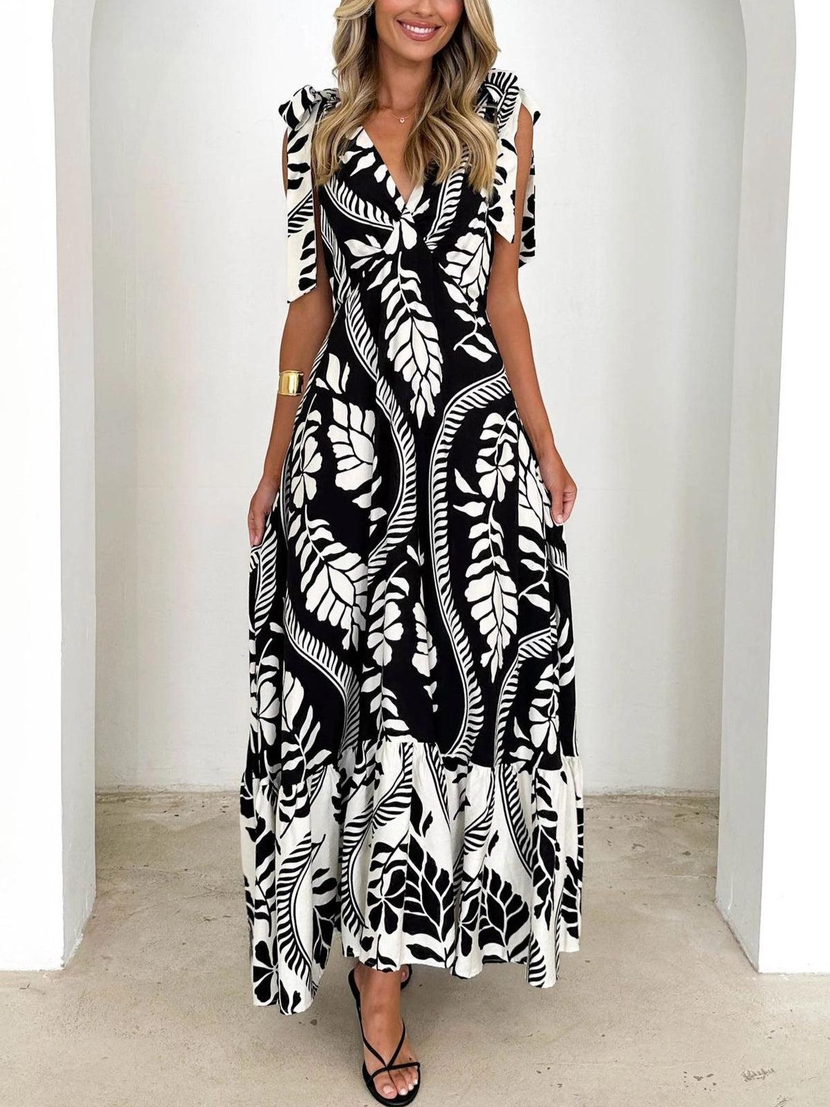 Shoulder Tie Tiered Maxi Sundress - Leaf