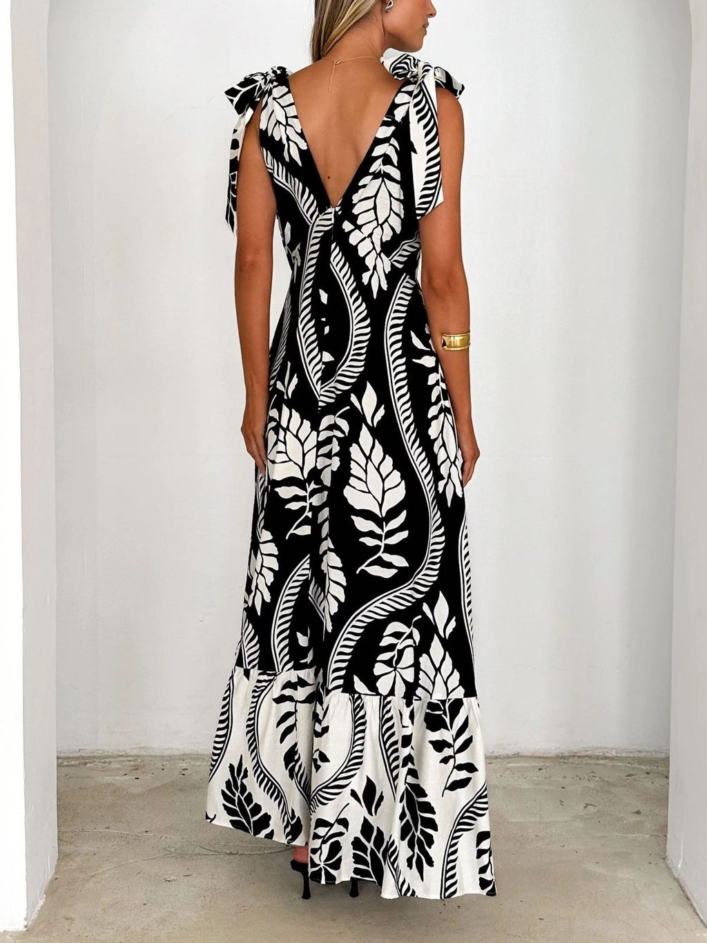 Shoulder Tie Tiered Maxi Sundress - Leaf - 1