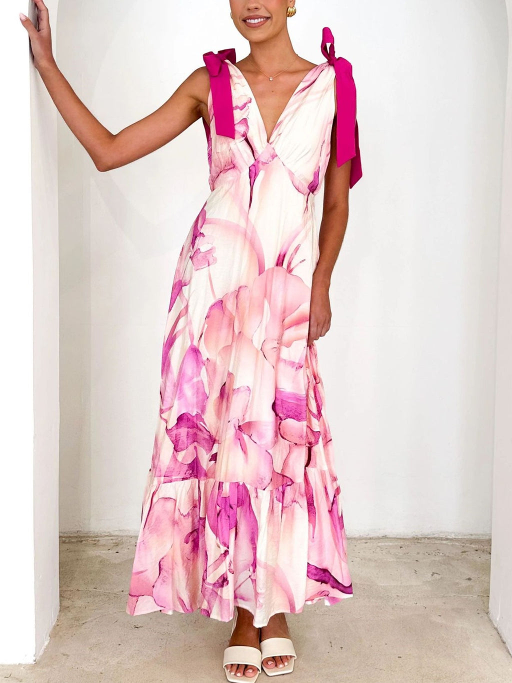 Shoulder Tie Tiered Maxi Sundress - Pink