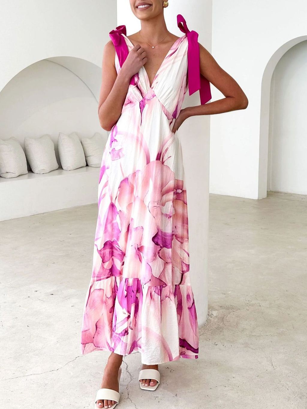 Shoulder Tie Tiered Maxi Sundress - Pink - 1