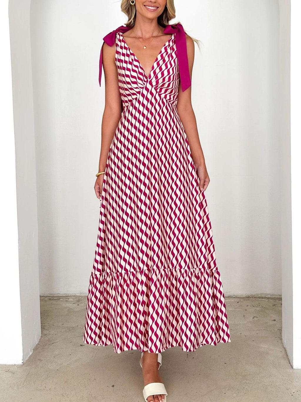 Shoulder Tie Tiered Maxi Sundress - Stripe