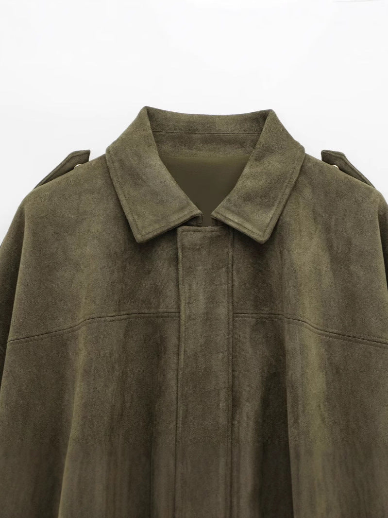 Washed Suede Collared Zip Up Jacket