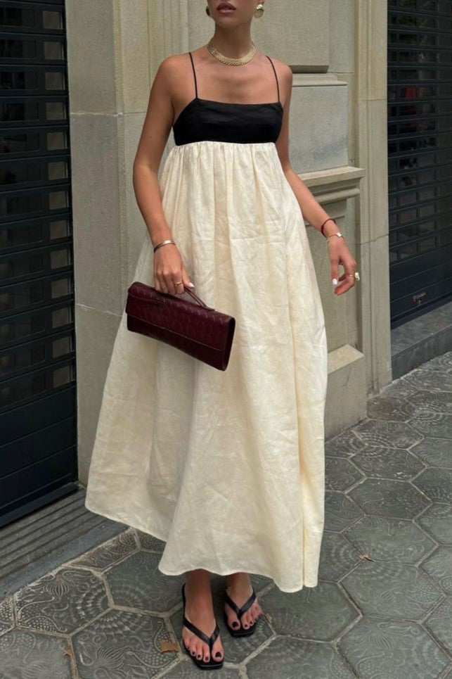 Contrast Bodice Strappy Cotton Maxi Dress - Beige