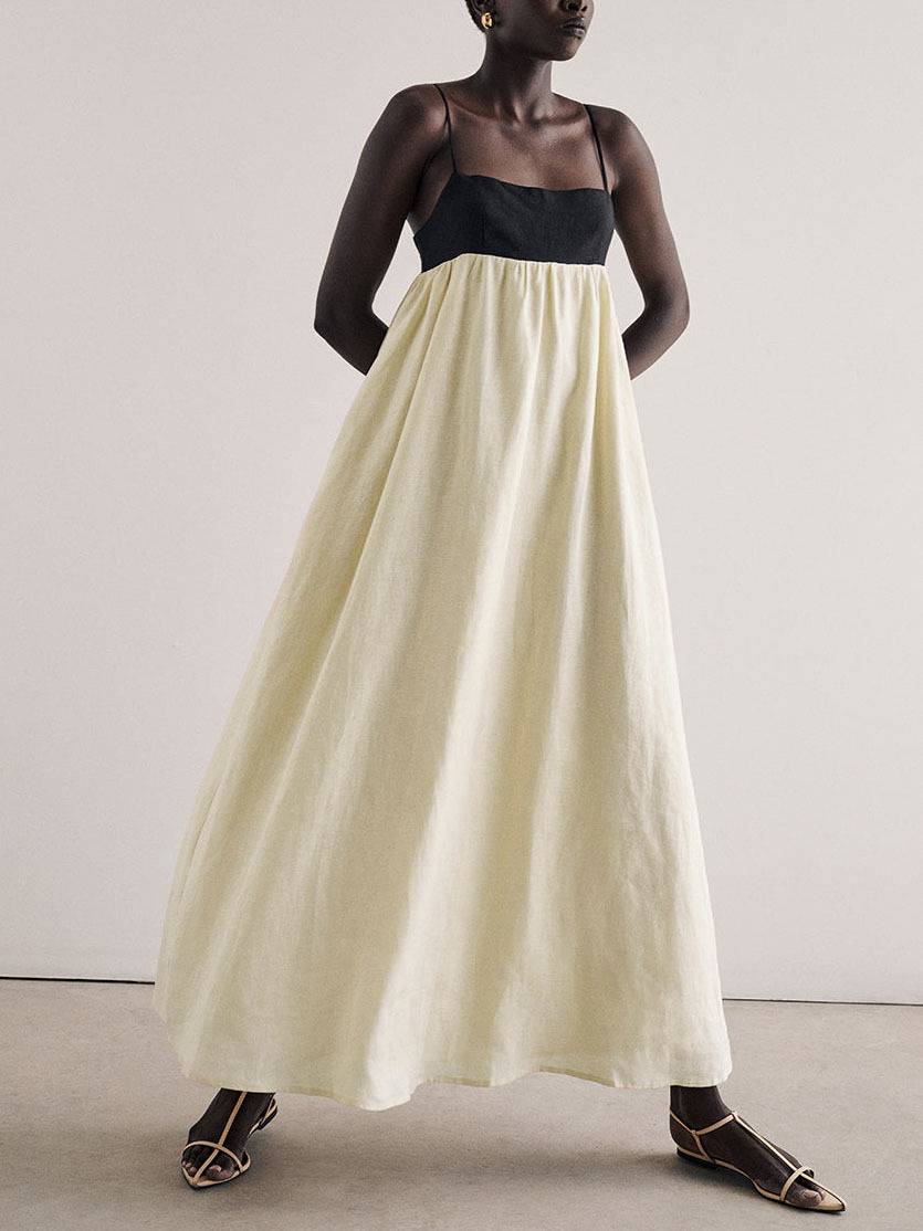 Contrast Bodice Strappy Cotton Maxi Dress - Beige - 17