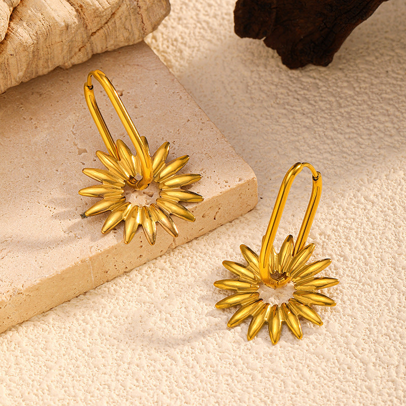 Boho Sunflower Petal Drop Earrings with Hoop Wire - Gold