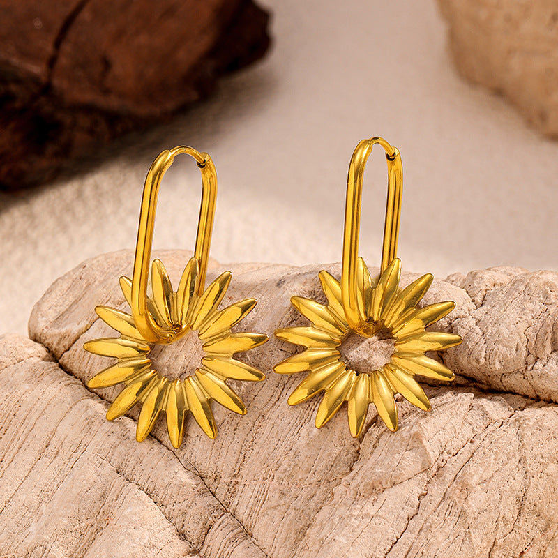 Boho Sunflower Petal Drop Earrings with Hoop Wire - Gold - 4
