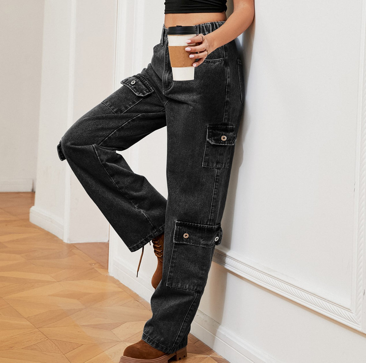 Flap Pocket Relaxed Fit Cargo Jeans - Blackgrey - 1
