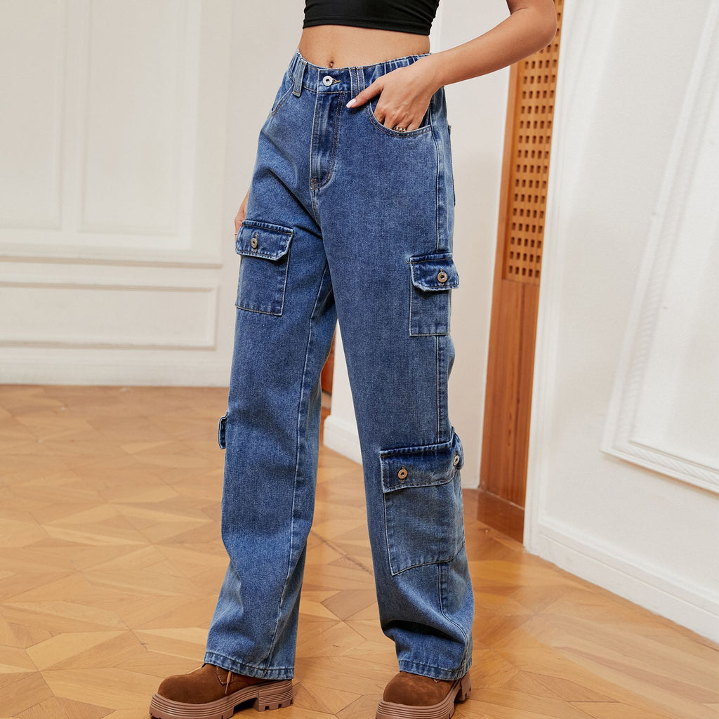 Flap Pocket Relaxed Fit Cargo Jeans - Blue