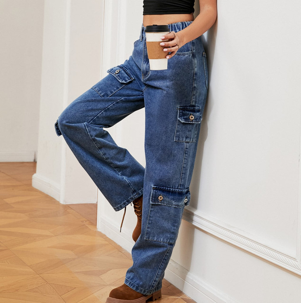 Flap Pocket Relaxed Fit Cargo Jeans - Blue - 1