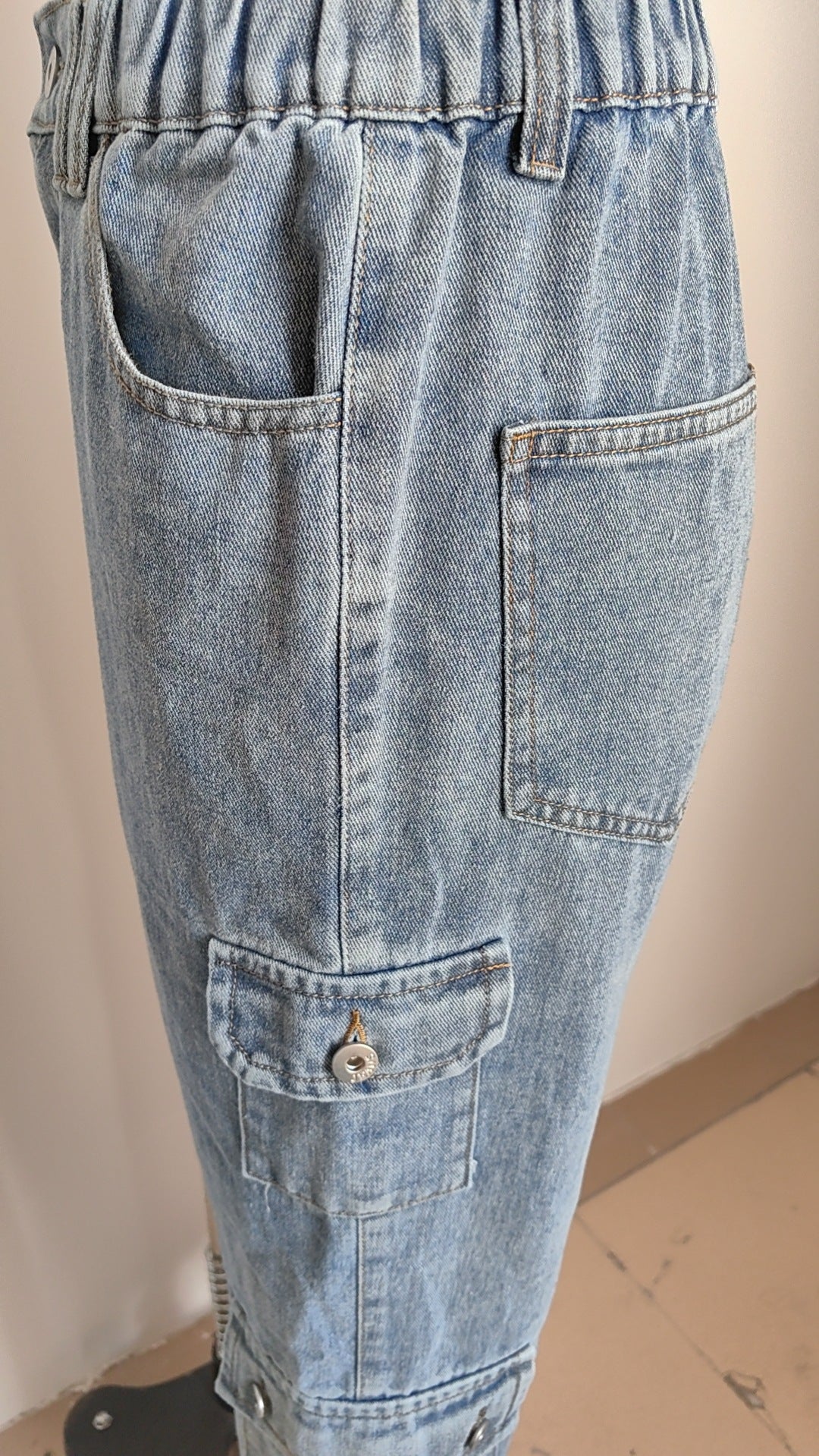 Flap Pocket Relaxed Fit Cargo Jeans - Blue - 5