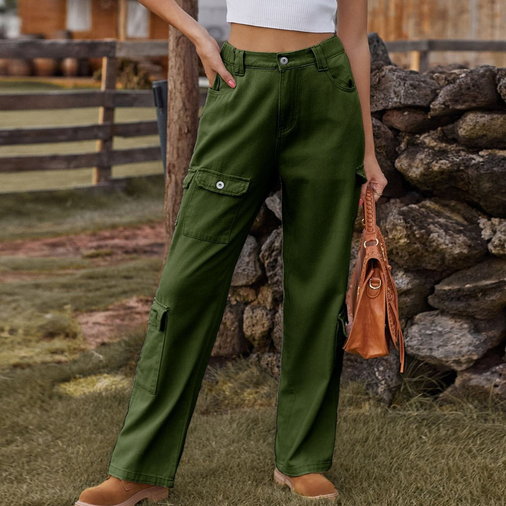 Flap Pocket Relaxed Fit Cargo Jeans - Green